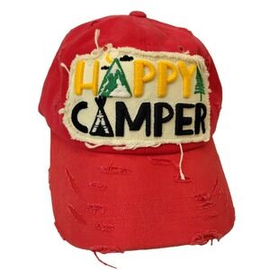 4350 District HAPPY CAMPER Distressed Ball Cap Hat Red W/ 3D Embroidered